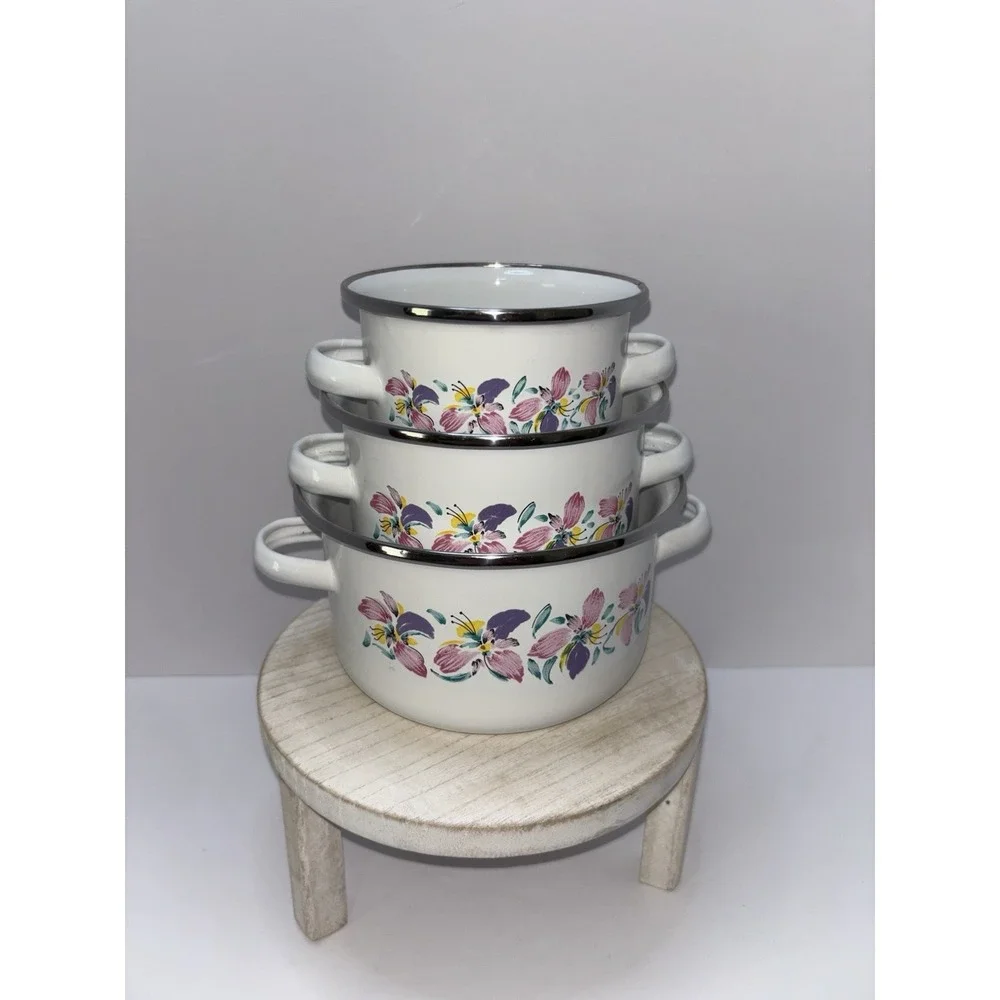 Vintage 1980s Floral Enamel Saucepan Set – 3 Matching Pans NO Lids– Cottage Core